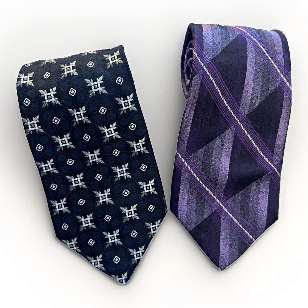 Pierre Cardin Men's 2-Piece Silk Tie Lot, Purple Striped & Black Geometric